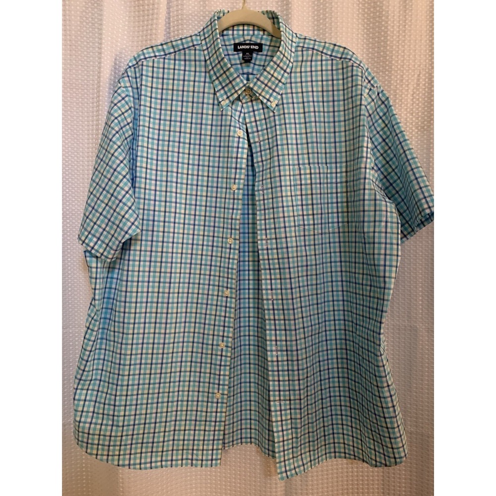 Lands' End Mens XL 17 17.5 Checked Blue Dress Shirt